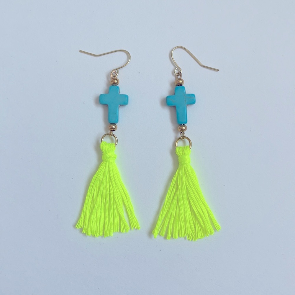 Neon Yellow Turquoise Tassel Earrings